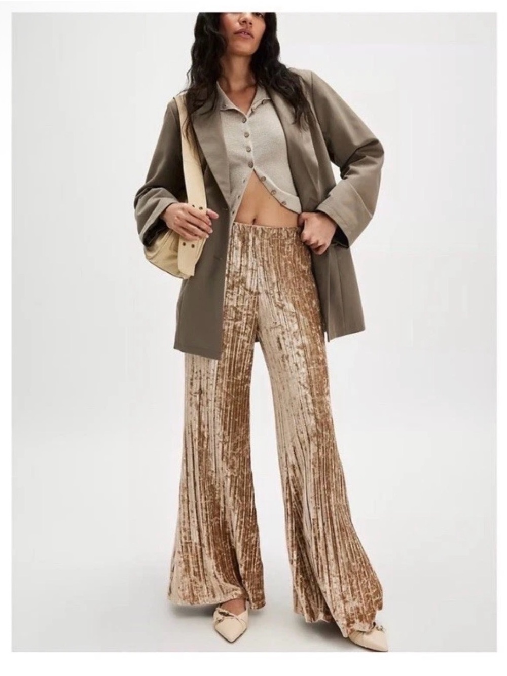 Free People Beige Crushed Velvet Wide Leg Pants size Large NWOT
